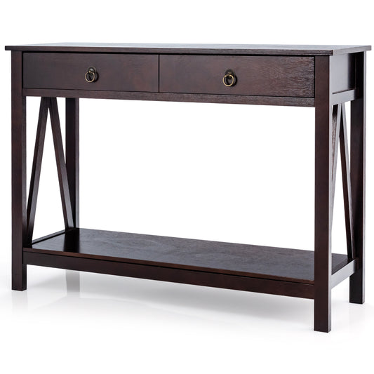 Console Table with Drawers, Storage Shelves and Anti-toppling Device -Dark Brown