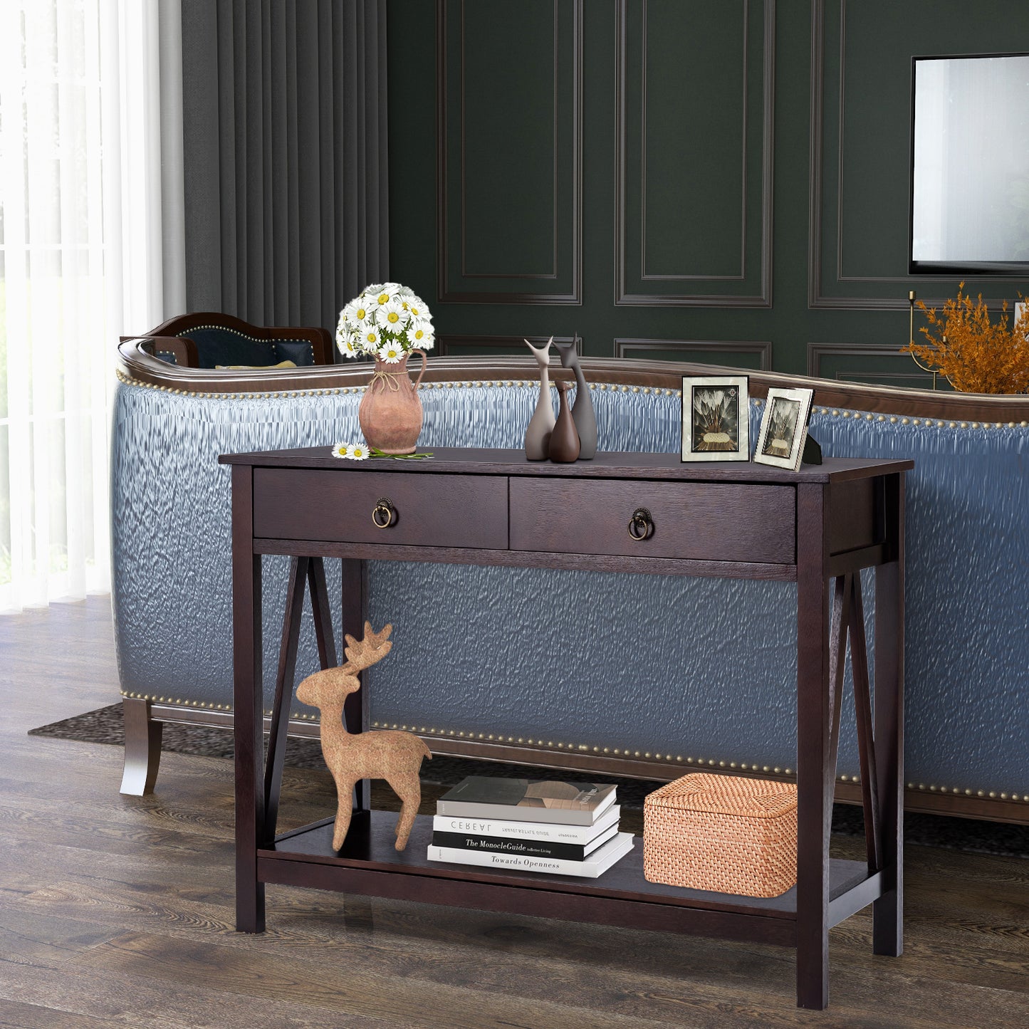 Console Table with Drawers, Storage Shelves and Anti-toppling Device -Dark Brown