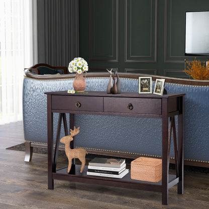 Console Table with Drawers, Storage Shelves and Anti-toppling Device -Dark Brown