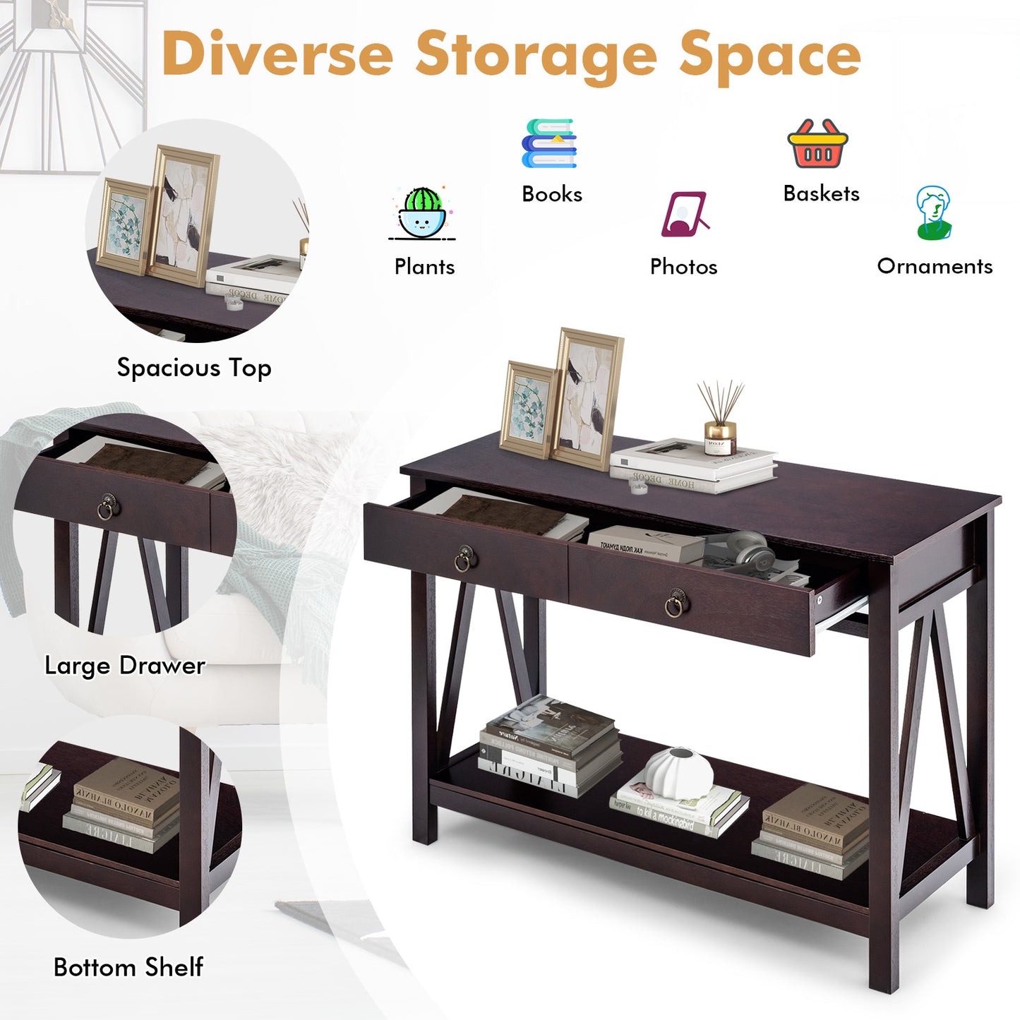 Console Table with Drawers, Storage Shelves and Anti-toppling Device -Dark Brown