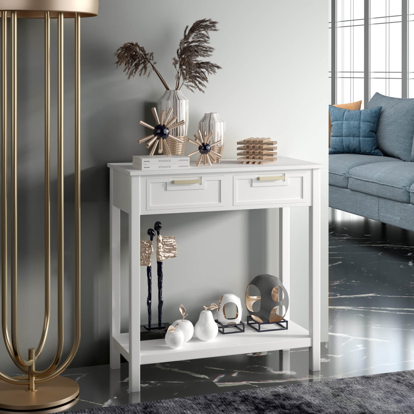Console Table Sofa Table with 2 Drawers and Bottom Shelf-White