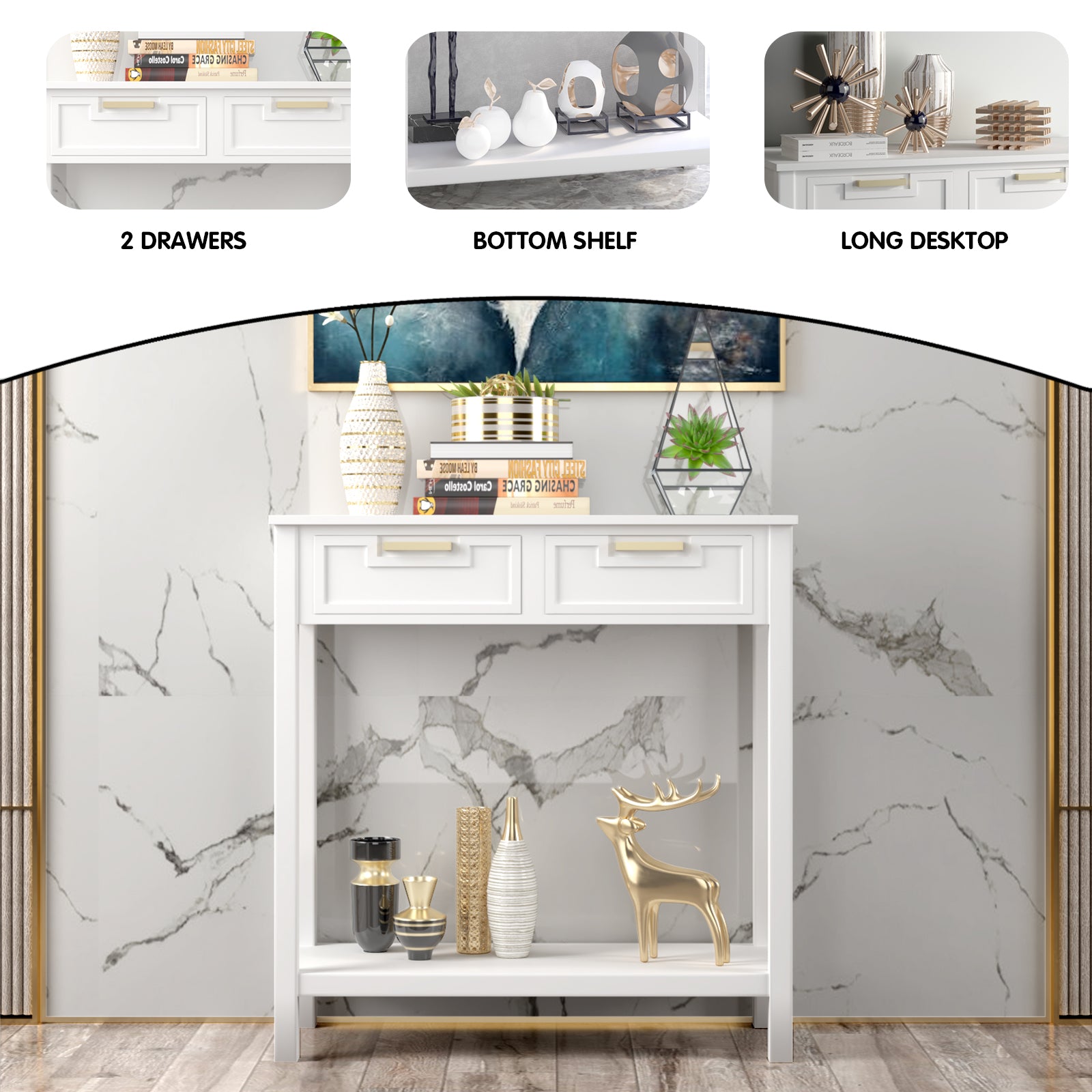 Console Table Sofa Table with 2 Drawers and Bottom Shelf-White