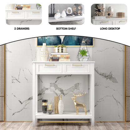 Console Table Sofa Table with 2 Drawers and Bottom Shelf-White