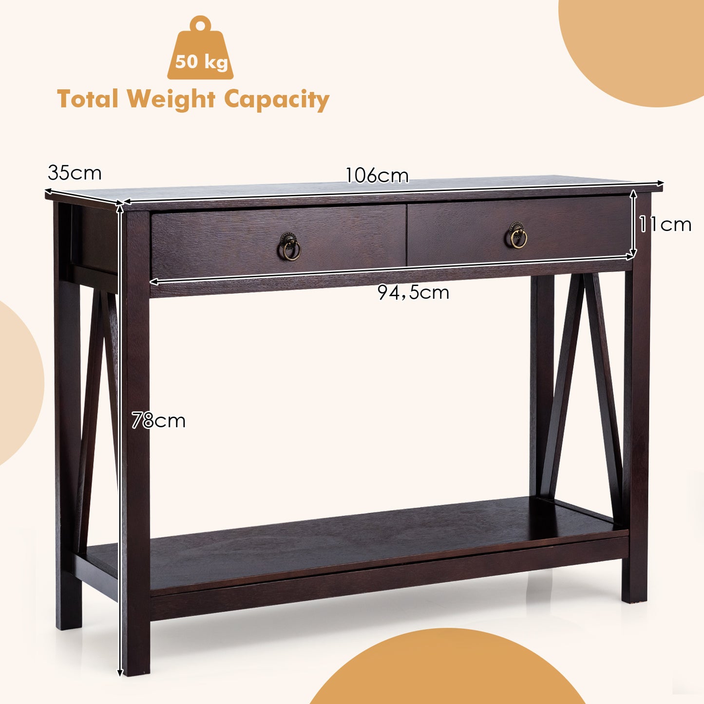 Console Table with Drawers, Storage Shelves and Anti-toppling Device -Dark Brown