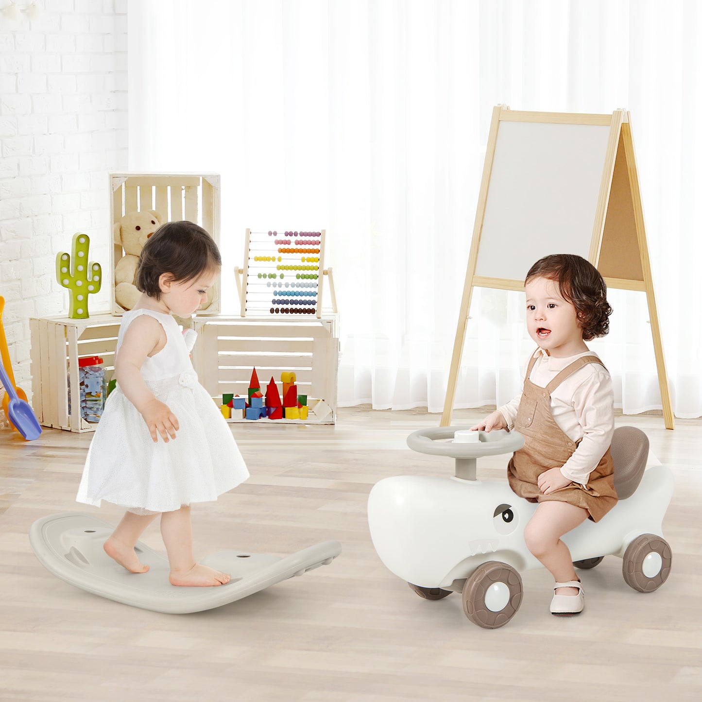 Kids 3-in-1 Convertible Rocking Horse and Sliding Car for Indoor Outdoor Use-White