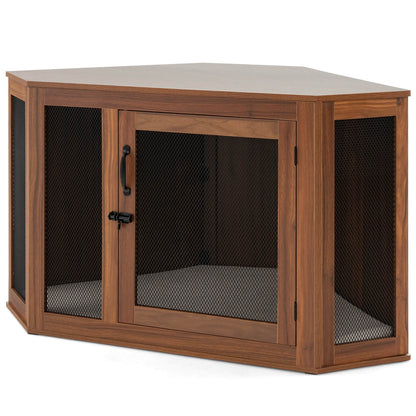 Corner Dog Crate Furniture with Cushion for Puppy-Brown