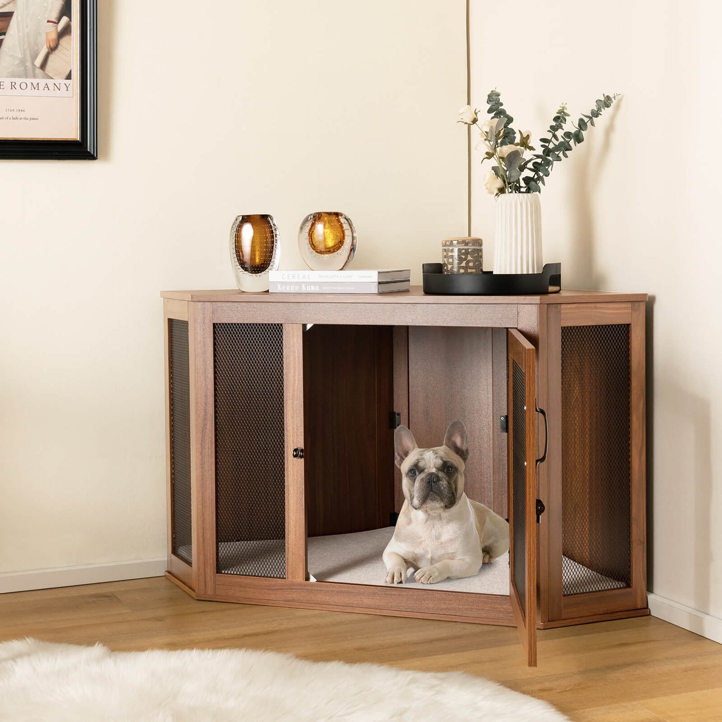 Corner Dog Crate Furniture with Cushion for Puppy-Brown