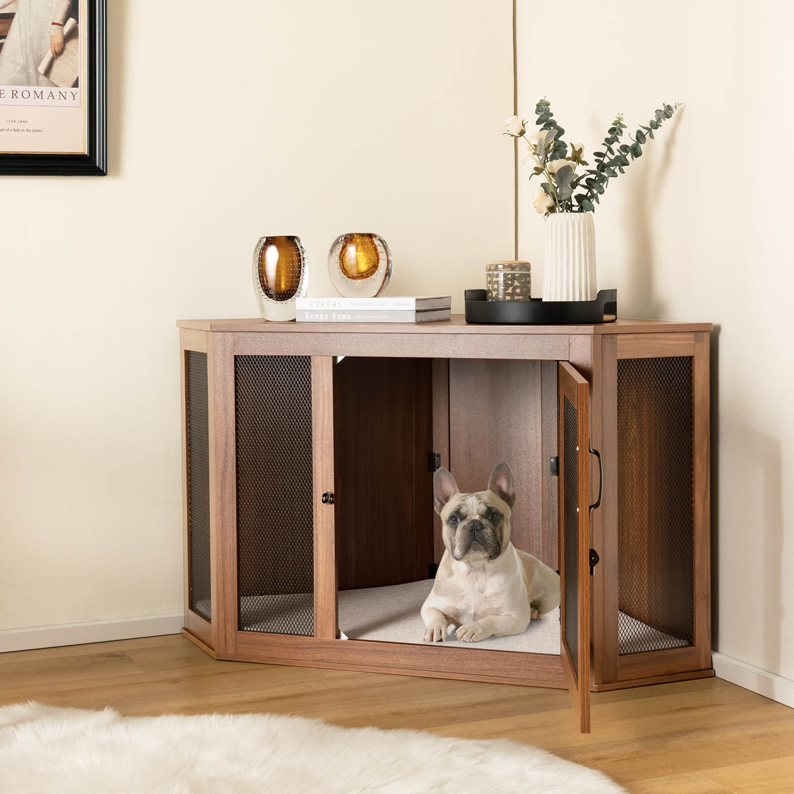 Corner Dog Crate Furniture with Cushion for Puppy-Brown