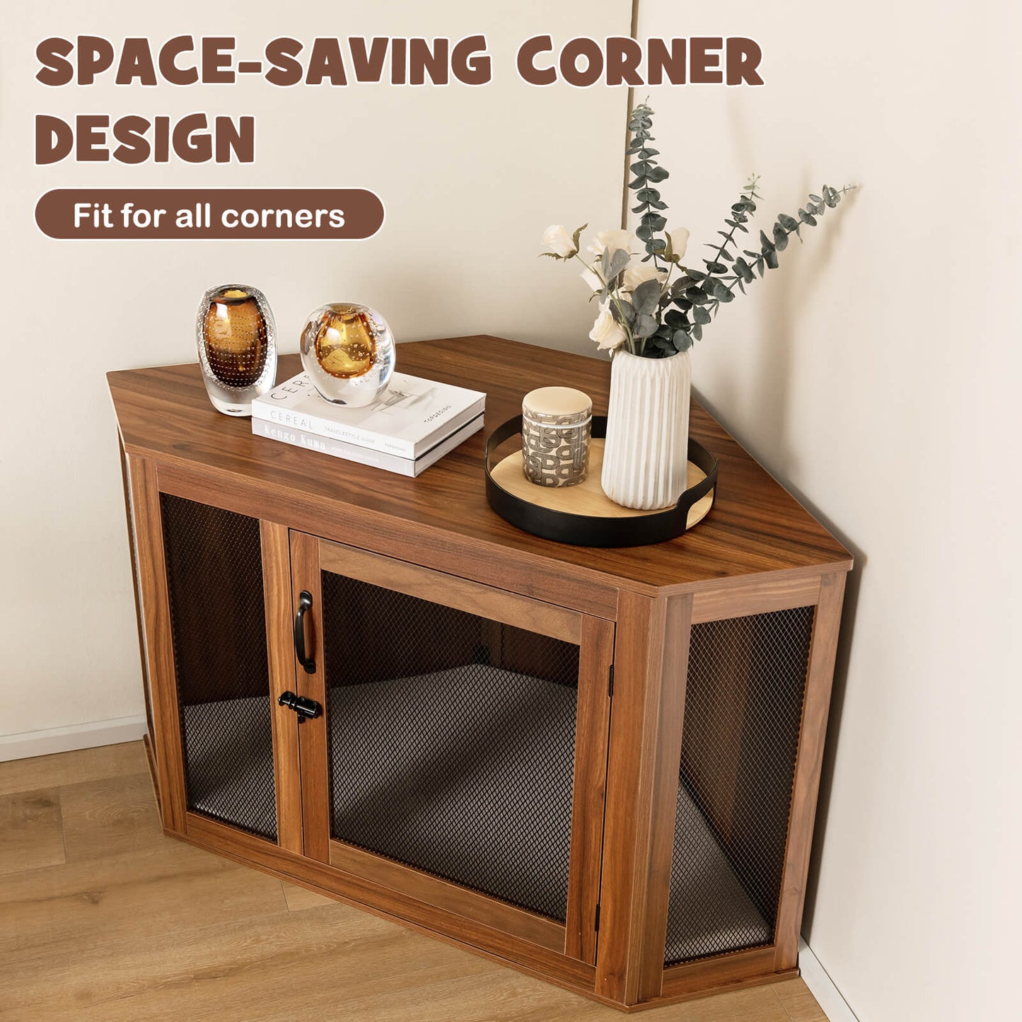 Corner Dog Crate Furniture with Cushion for Puppy-Brown