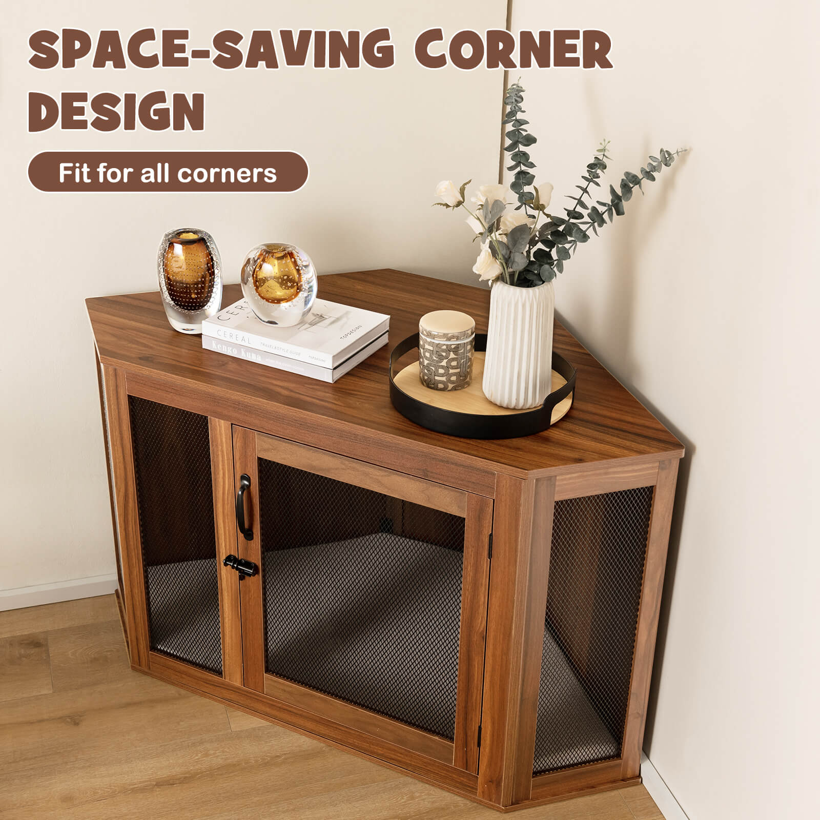 Corner Dog Crate Furniture with Cushion for Puppy-Brown