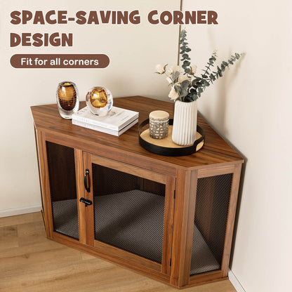Corner Dog Crate Furniture with Cushion for Puppy-Brown