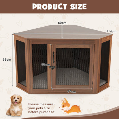 Corner Dog Crate Furniture with Cushion for Puppy-Brown