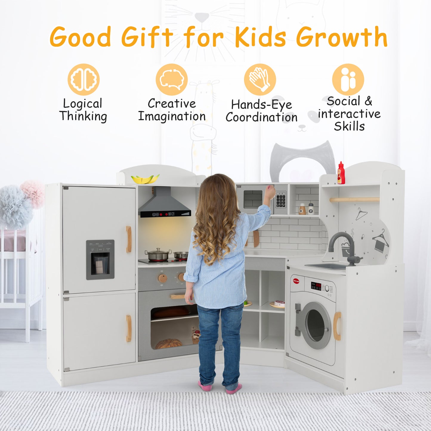 Wooden Corner Play Kitchen with Sounds and Lights for Kids