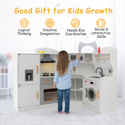 Wooden Corner Play Kitchen with Sounds and Lights for Kids