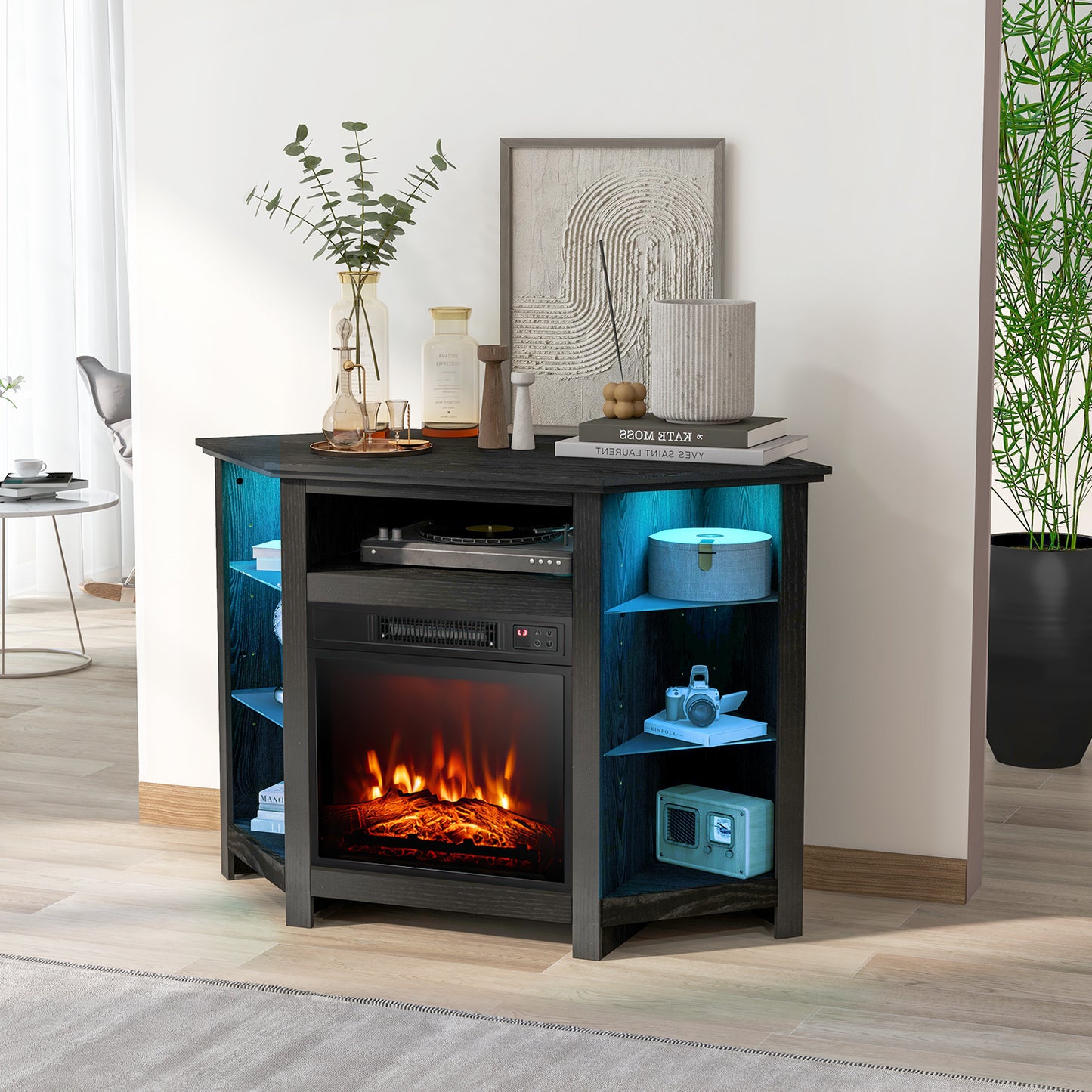 Corner TV Stand with Fireplace Insert and LED Lights-Black