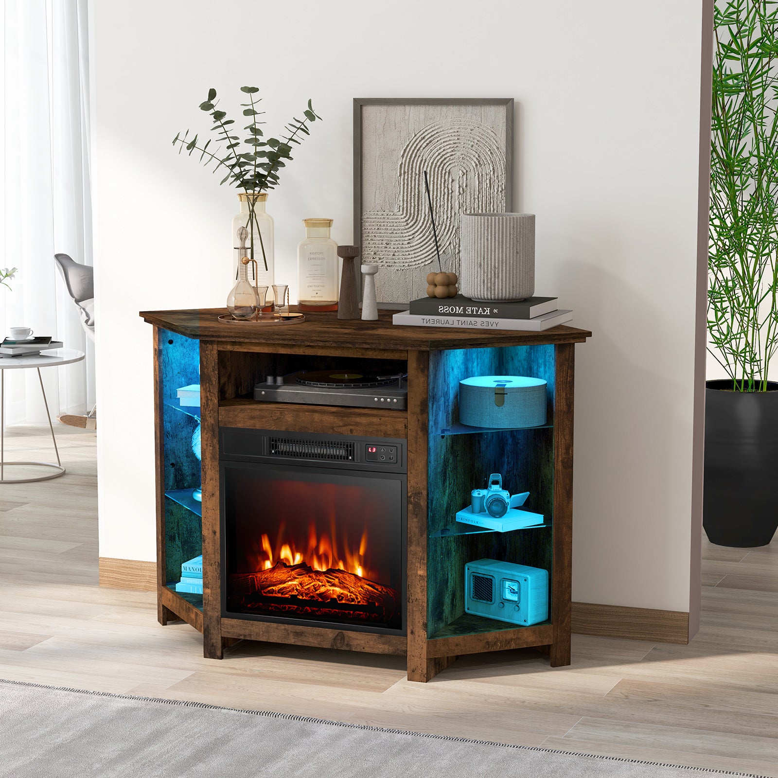 Corner TV Stand with Fireplace Insert and LED Lights-Rustic Brown