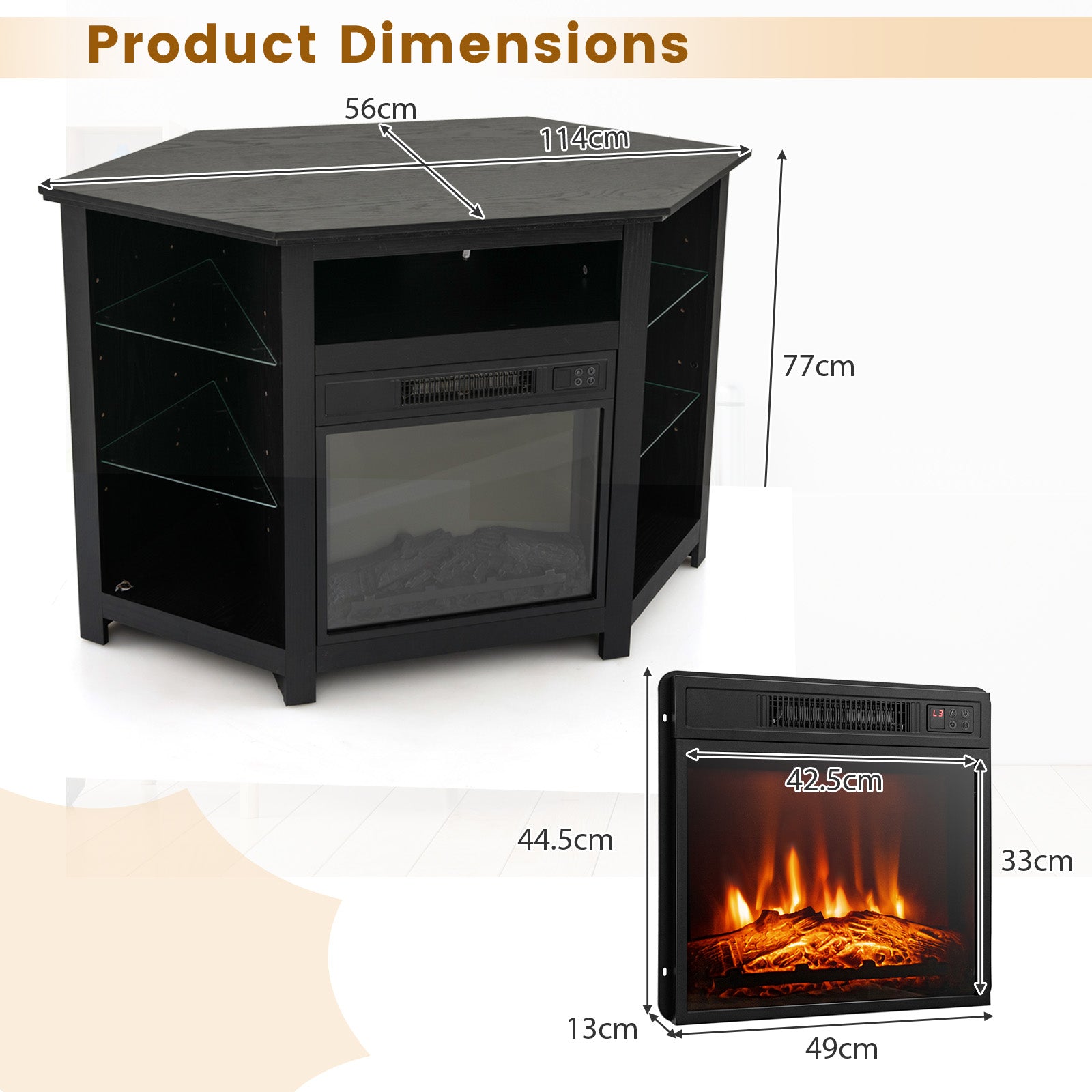 Corner TV Stand with Fireplace Insert and LED Lights-Black