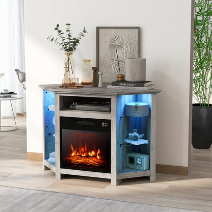 Corner TV Stand with Fireplace Insert and LED Lights-Grey
