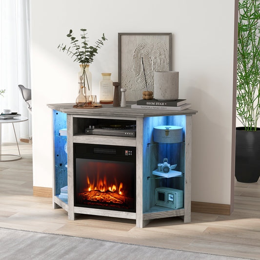 Corner TV Stand with Fireplace Insert and LED Lights-Grey