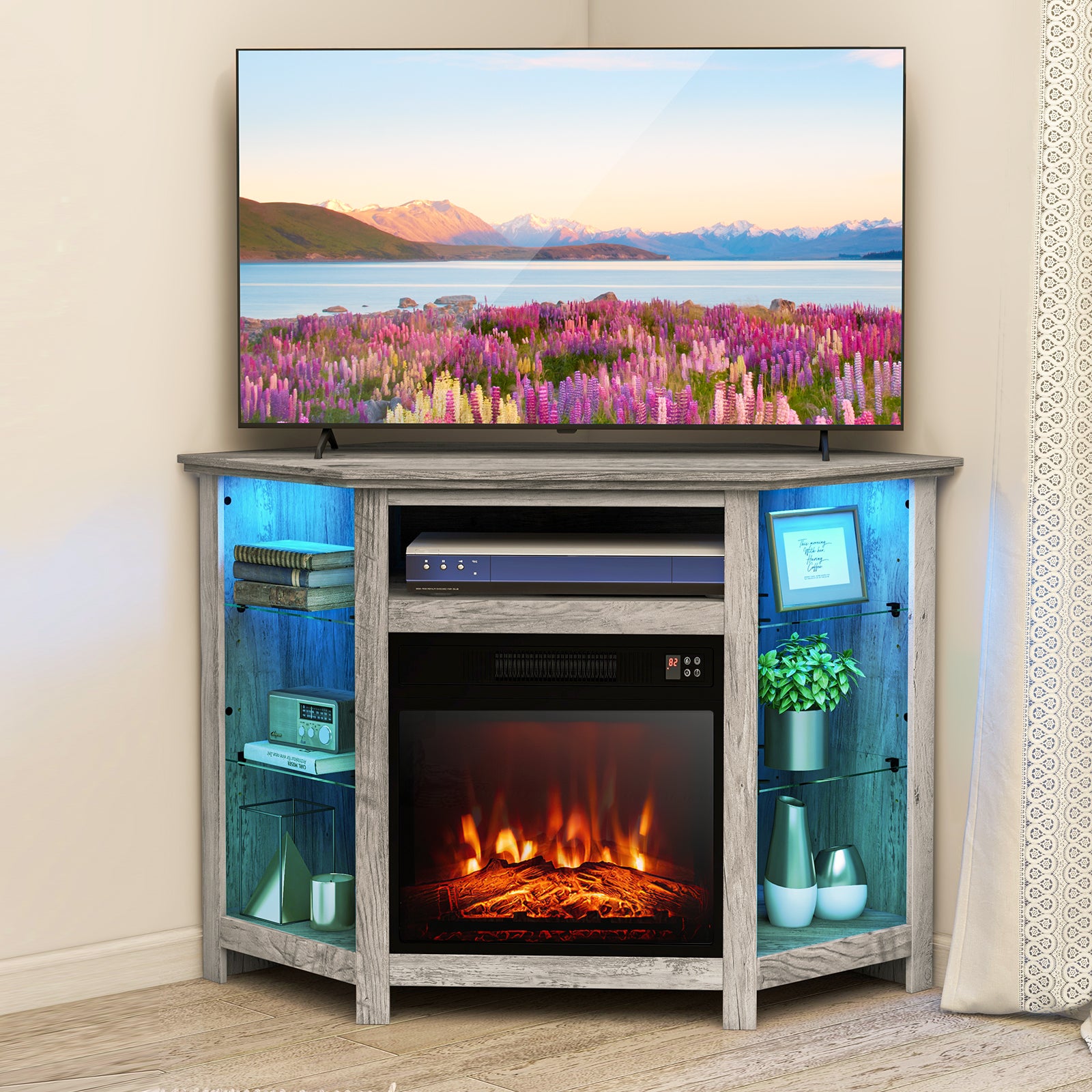 Corner TV Stand with Fireplace Insert and LED Lights-Grey