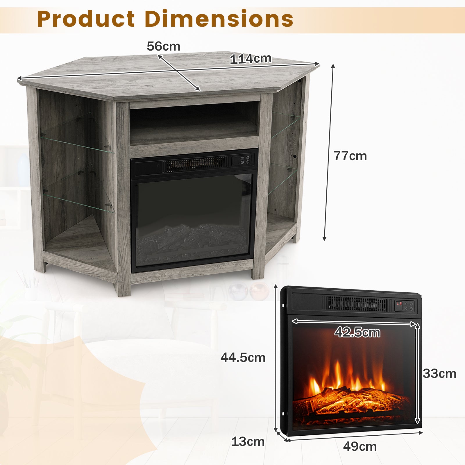 Corner TV Stand with Fireplace Insert and LED Lights-Grey