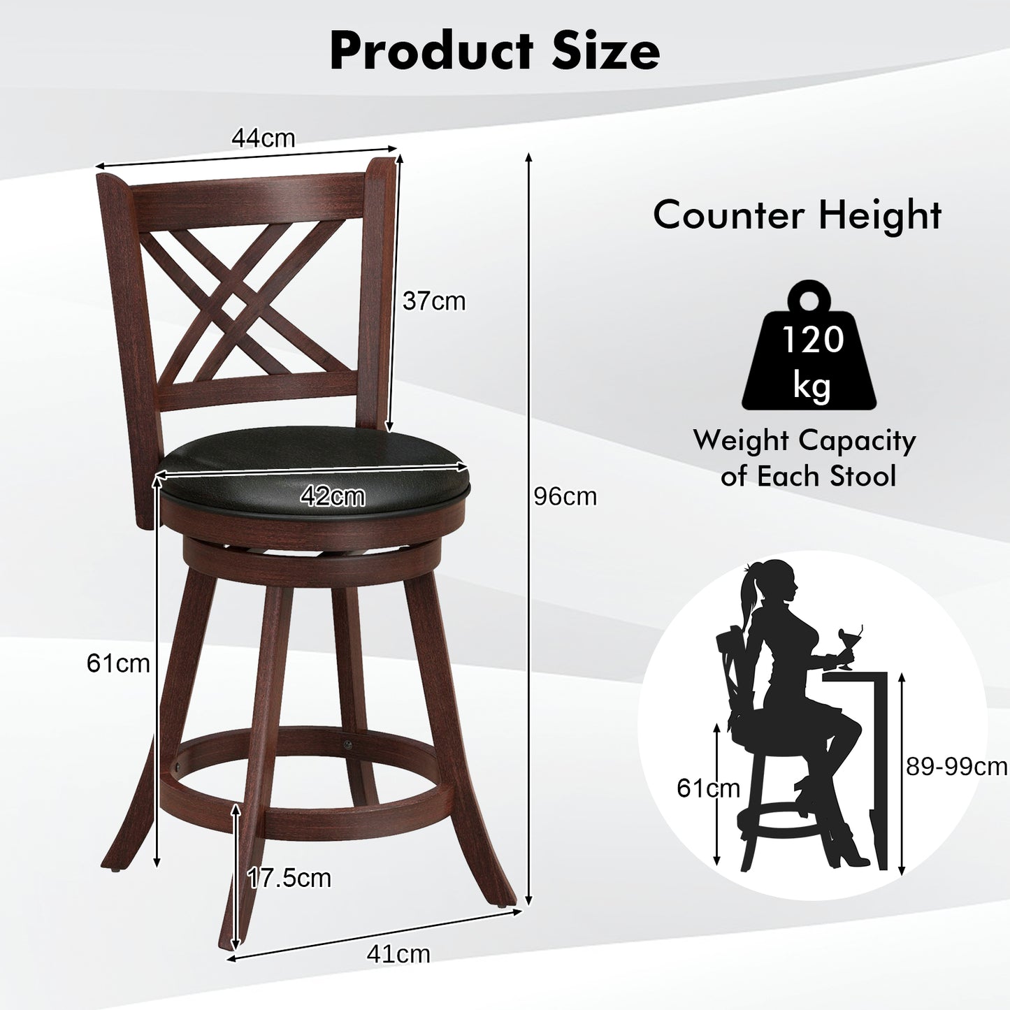 Upholstered Counter Height Barstools with PU Surface and Rubber Wood Frame-24 Inches