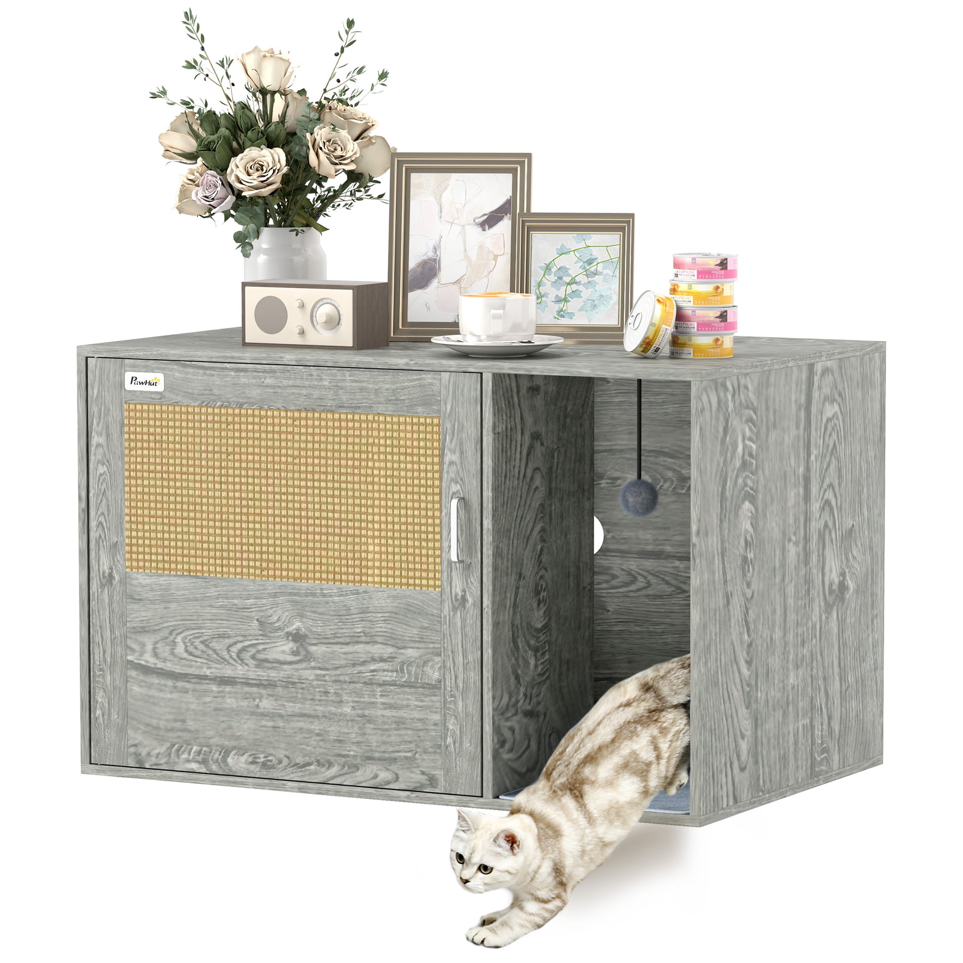 PawHut Cat Litter Box Enclosure with Rattan Door, Scratching Mat, Toy Ball, Non-Slip Foot Pads, Grey