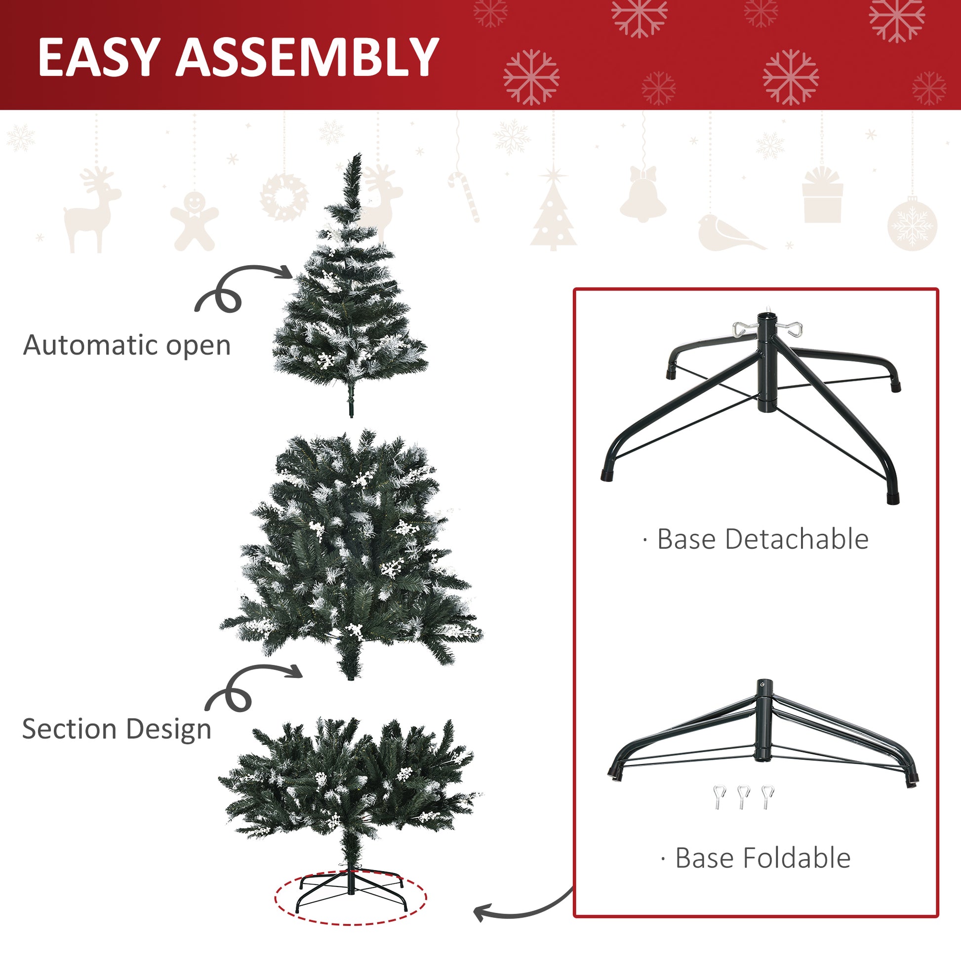 HOMCOM 6FT Artificial Snow Dipped Christmas Tree Xmas Pencil Tree Holiday Home Indoor Decoration with Foldable Feet White Berries Dark Green