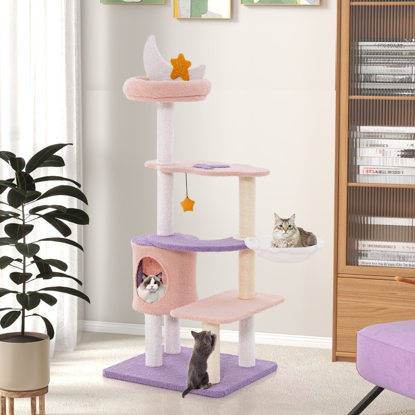 Multi-level Cute Cat Tree with Sisal Covered Scratching Posts and Condo-Purple