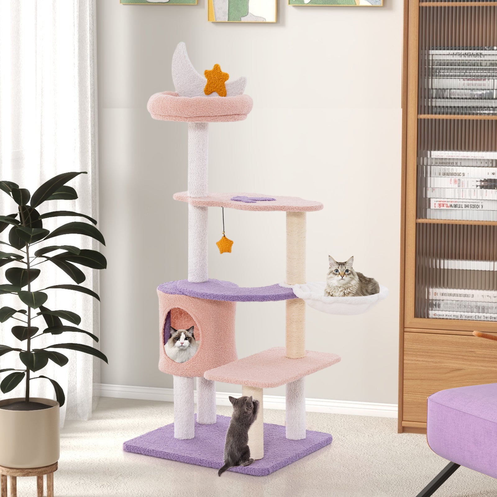 Multi-level Cute Cat Tree with Sisal Covered Scratching Posts and Condo-Purple
