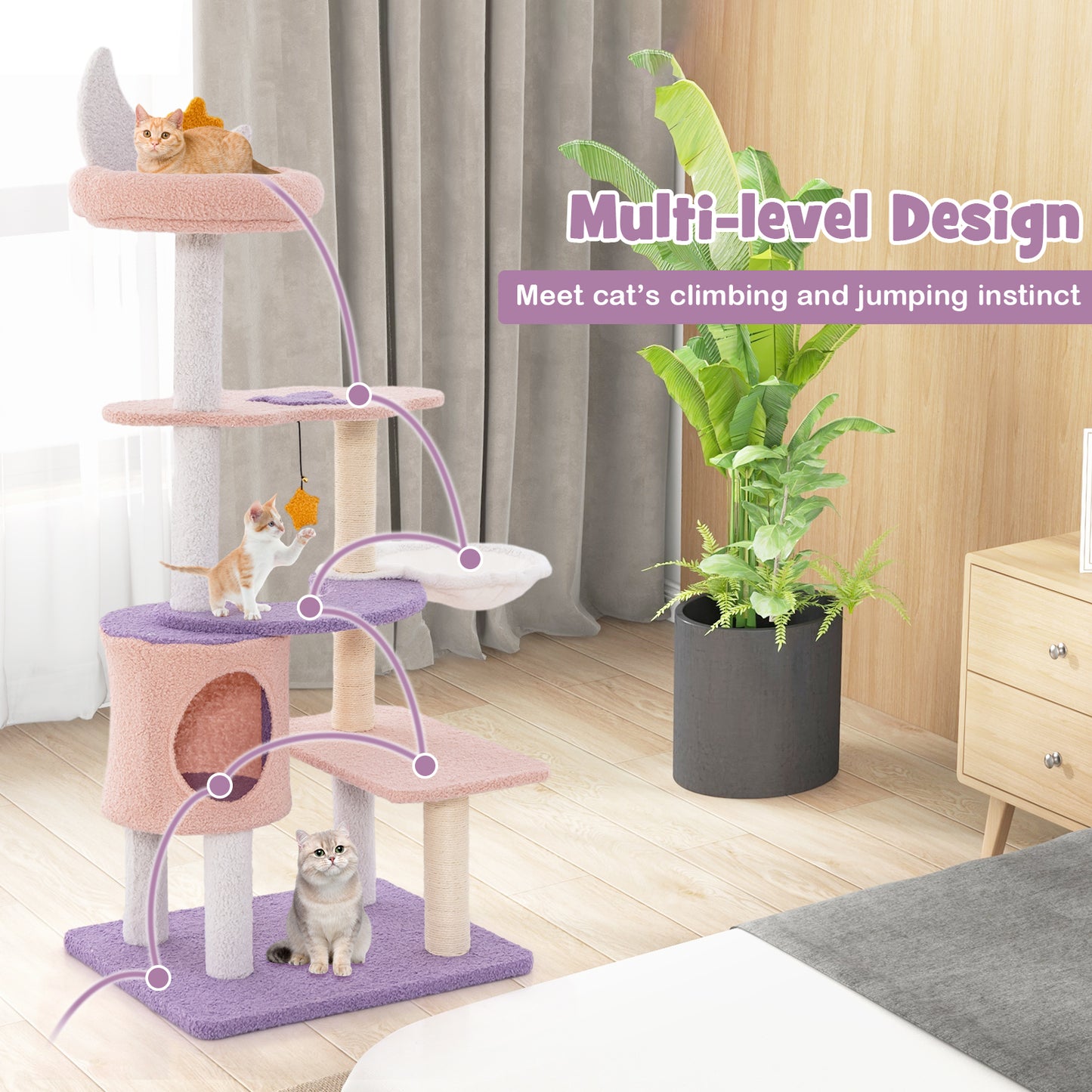Multi-level Cute Cat Tree with Sisal Covered Scratching Posts and Condo-Purple