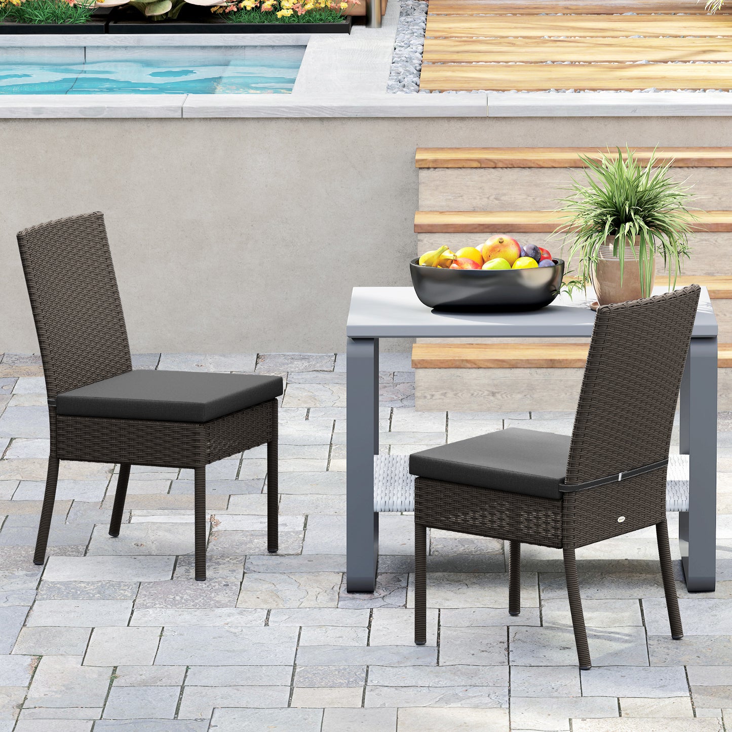 Outsunny Set of Two Armless Rattan Garden Chairs - Dark Grey