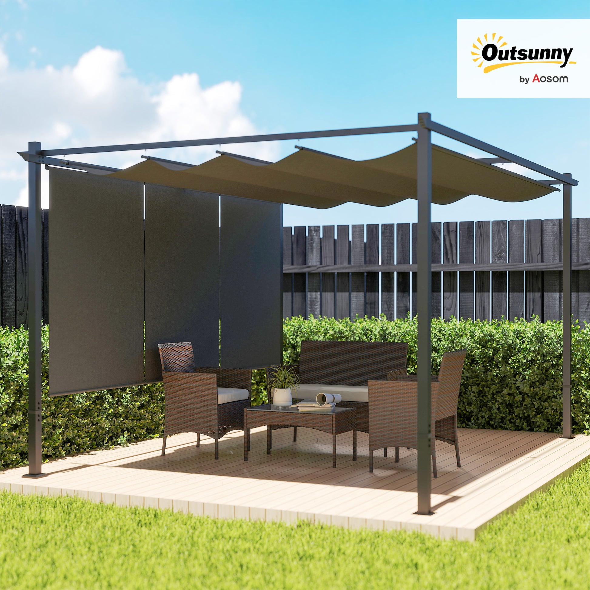 Outsunny 3 x 4m Metal Pergola with Retractable Roof and Roller Shade, Wall-Mounted or Free Standing Garden Gazebo Canopy Pergola Kit, UPF30+ Outdoor Sun Shade Shelter, Grey