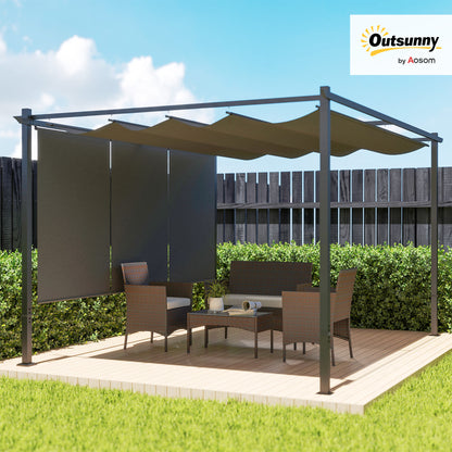 Outsunny 3 x 4m Metal Pergola with Retractable Roof and Roller Shade, Wall-Mounted or Free Standing Garden Gazebo Canopy Pergola Kit, UPF30+ Outdoor Sun Shade Shelter, Grey