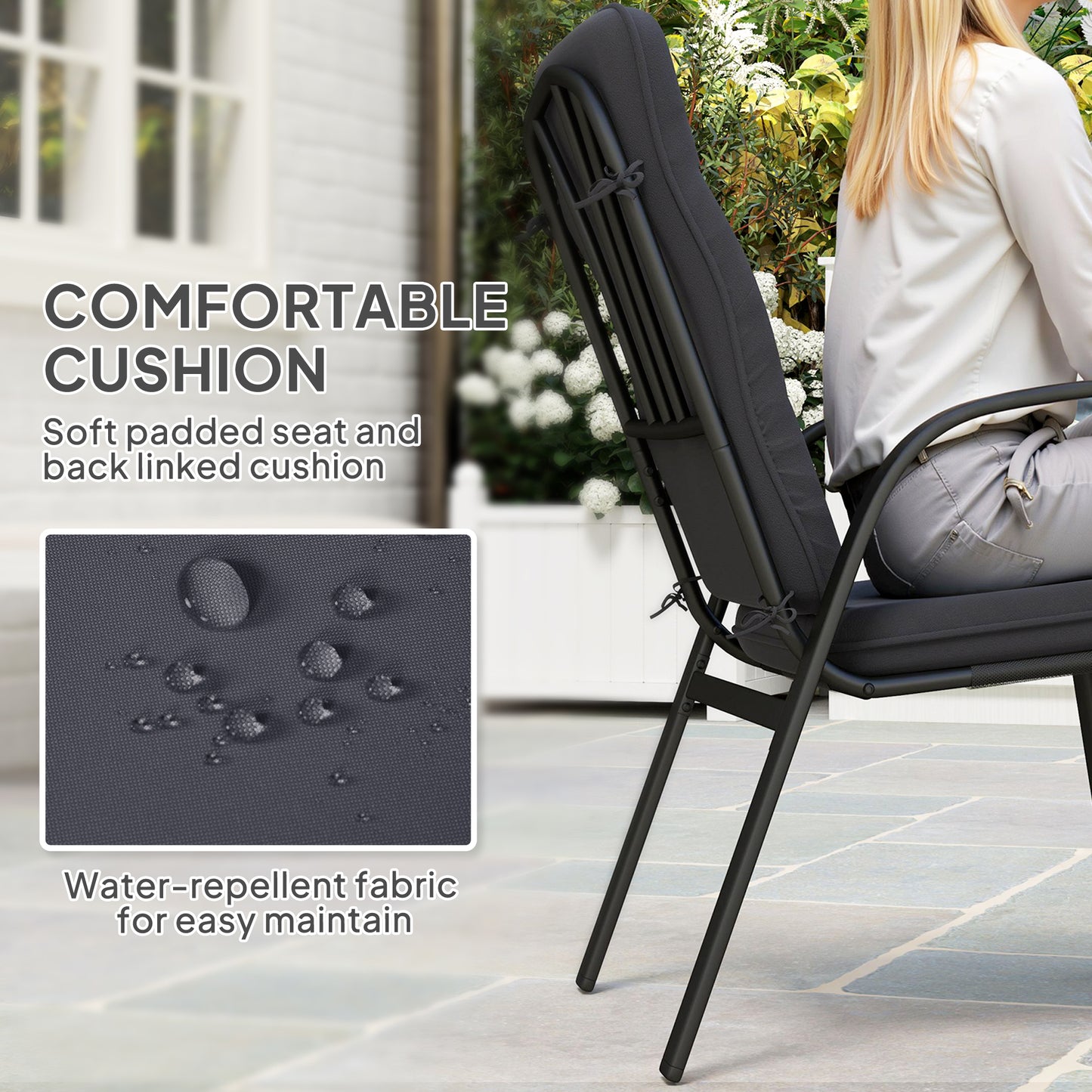 Outsunny 5 Pieces Outdoor Square Garden Dining Set w/ Tempered Glass Dining Table 4 Cushioned Armchairs, Umbrella Hole, Black