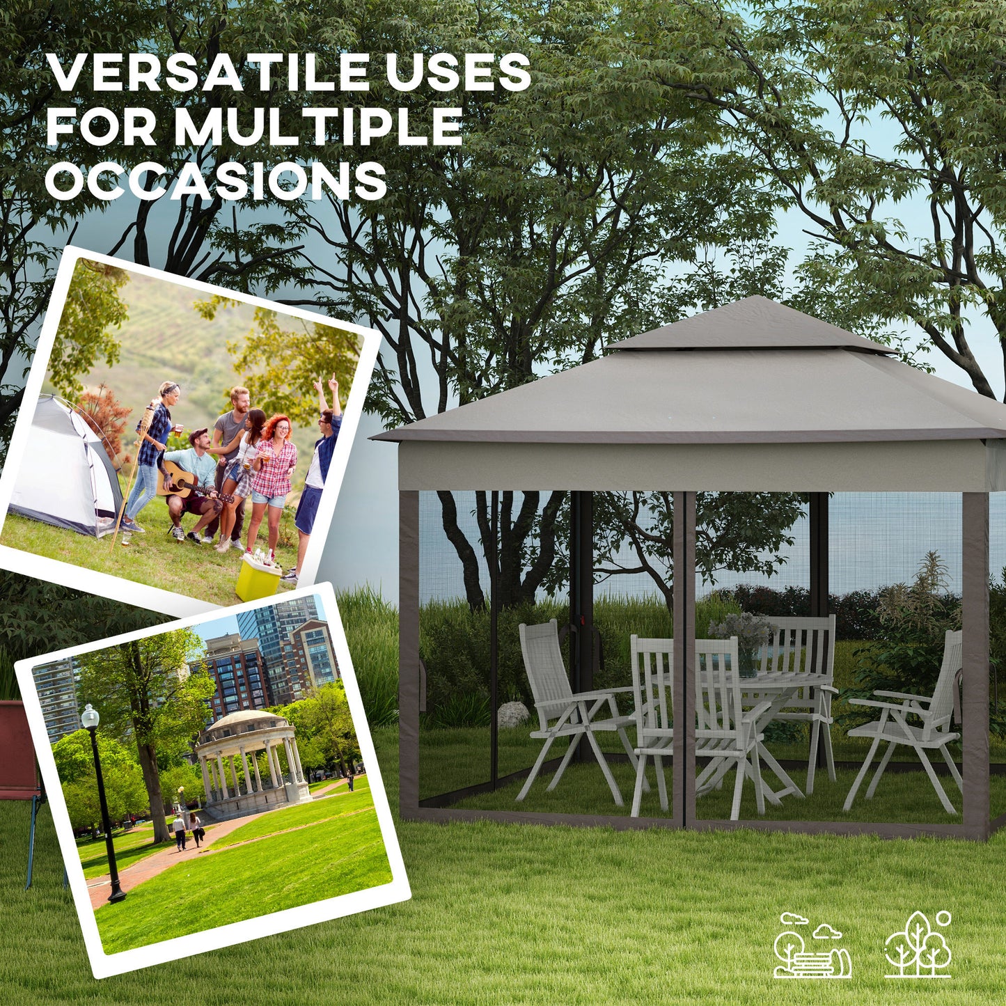 Outsunny 3.25 x 3.25m Pop Up Gazebo, Double-roof Garden Tent with Netting and Carry Bag, Party Event Shelter for Outdoor Patio, Brown and Grey