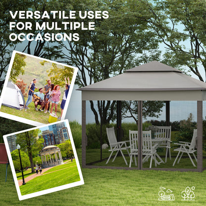 Outsunny 3.25 x 3.25m Pop Up Gazebo, Double-roof Garden Tent with Netting and Carry Bag, Party Event Shelter for Outdoor Patio, Brown and Grey