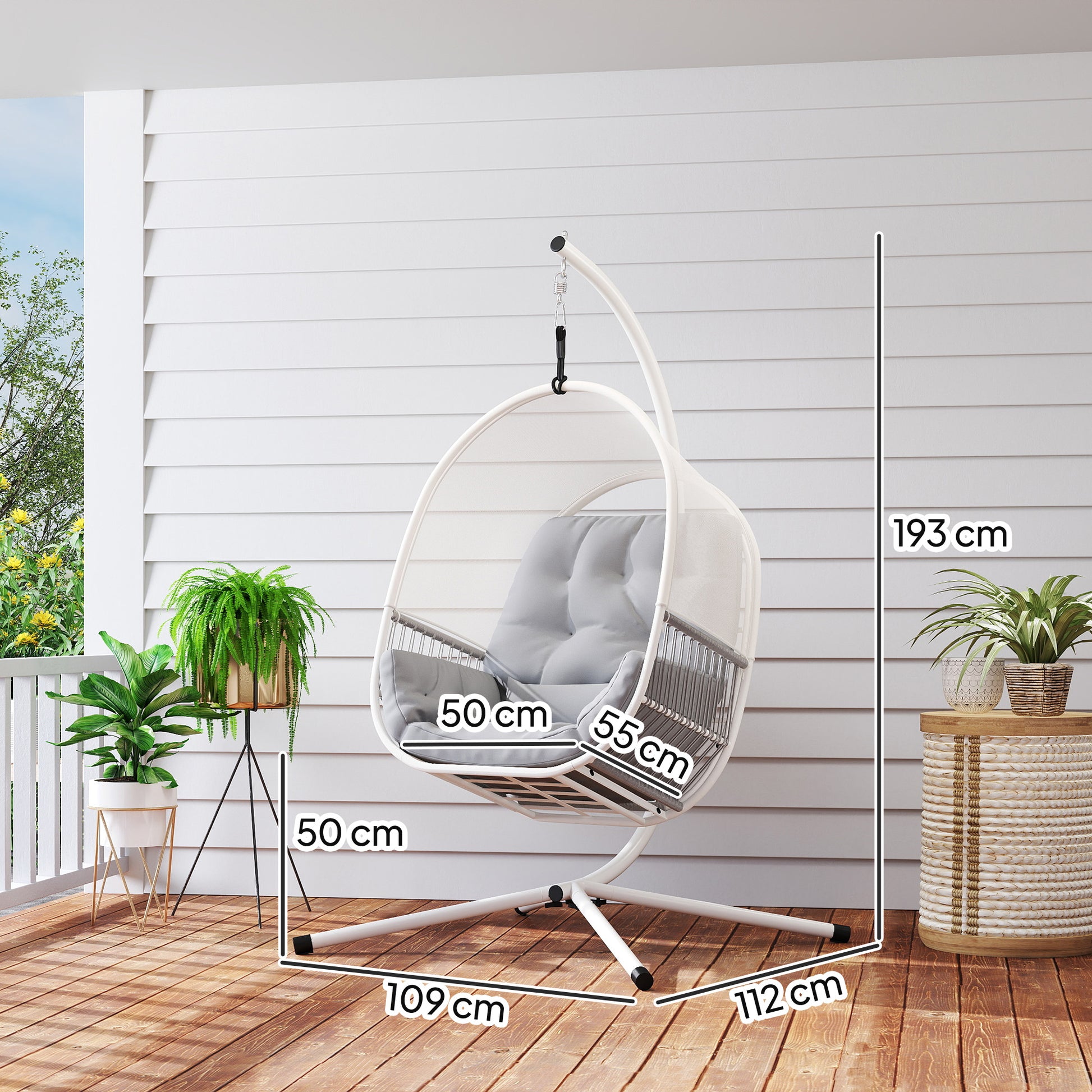 Outsunny Hanging Egg Chair Outdoor Indoor, Swing Hammock Chair with Stand, Cushions, Lumbar Pillow, Adjustable Height and Steel Frame for Garden Patio Lounge Porch, Light Grey