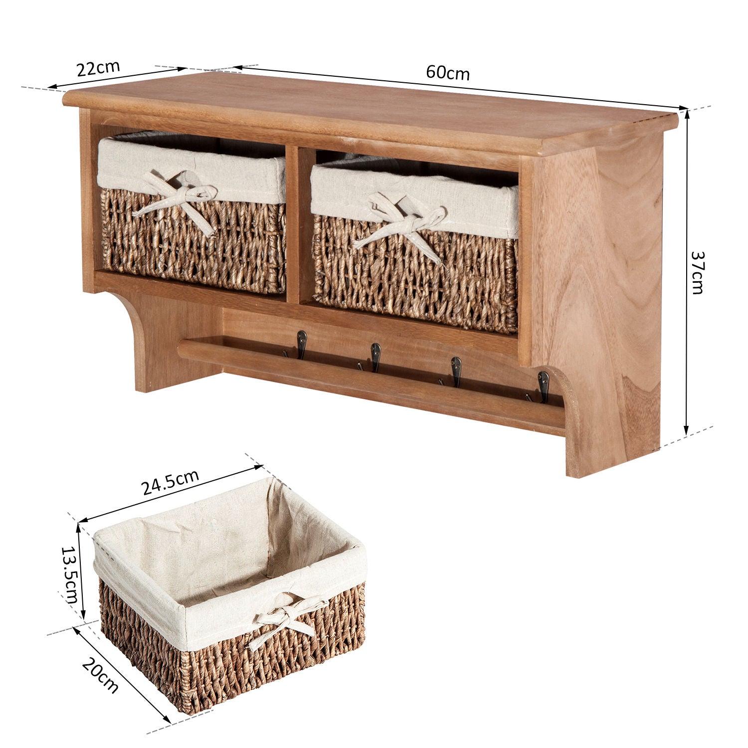 HOMCOM Entryway Coat Rack Wall Mounted Shelf w/ Wicker Basket and Hooks (2 Baskets, Brown)