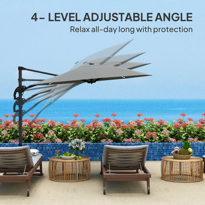 Outsunny 3(m) Cantilever Garden Parasol with Solar Powered Lights, Crank Handle & Cross Base, UPF 50+, 360° Rotation, Dark Grey