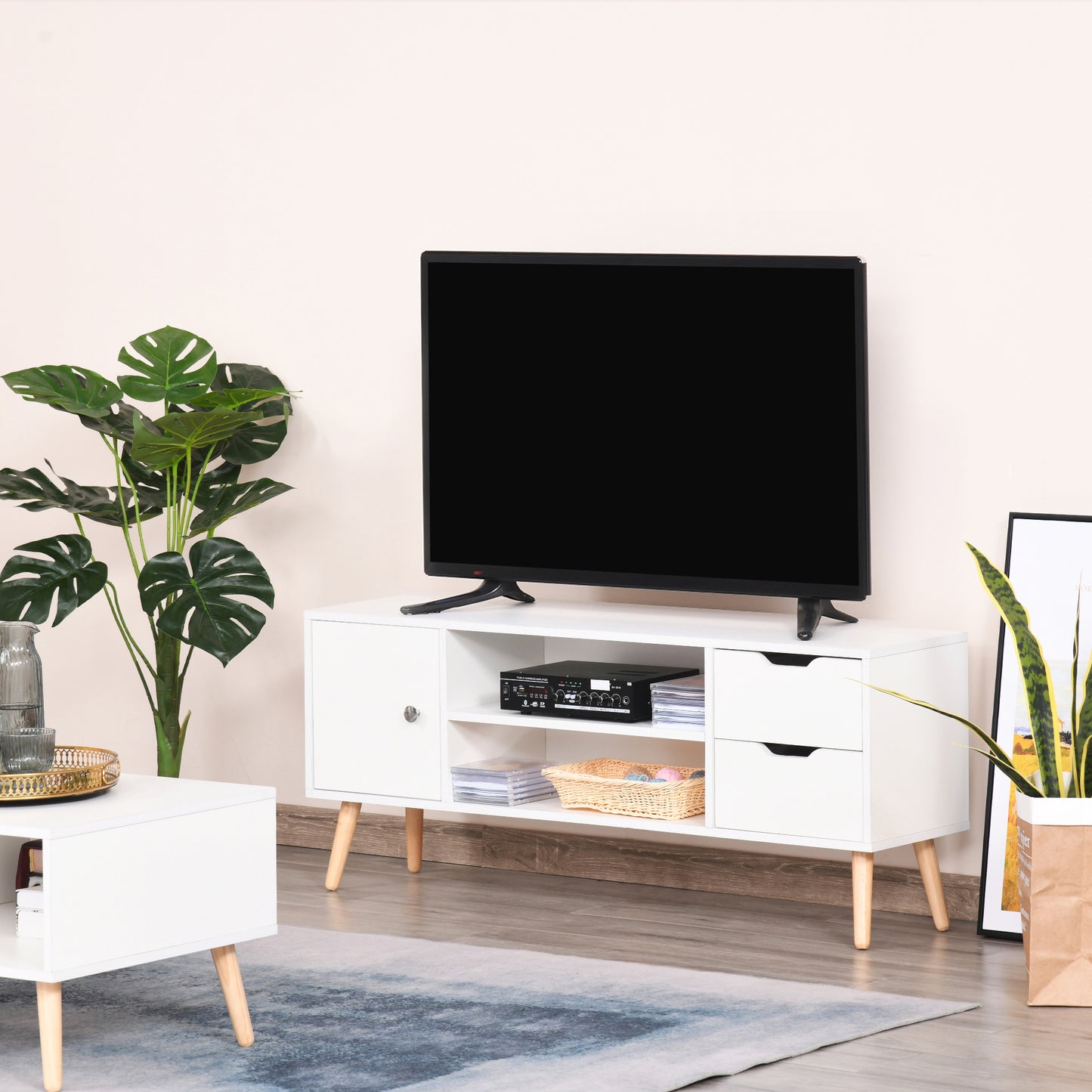 HOMCOM Modern TV Stand for TVs up to 42'' Flat Screen, TV Console Cabinet with Storage Shelf, Drawers, Cable Hole, Living Room and Office, White 