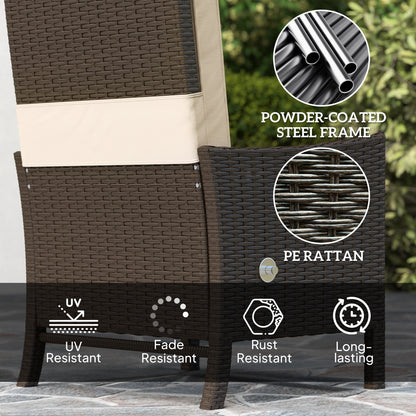 Outsunny 5 Piece Rattan Garden Furniture Set, Wicker Patio Sofa Set with 2 Armchairs, 2 Footstools, Glass Top Coffee Table with Shelf, Outdoor Furniture with Adjustable Backrests, Cushions, Khaki