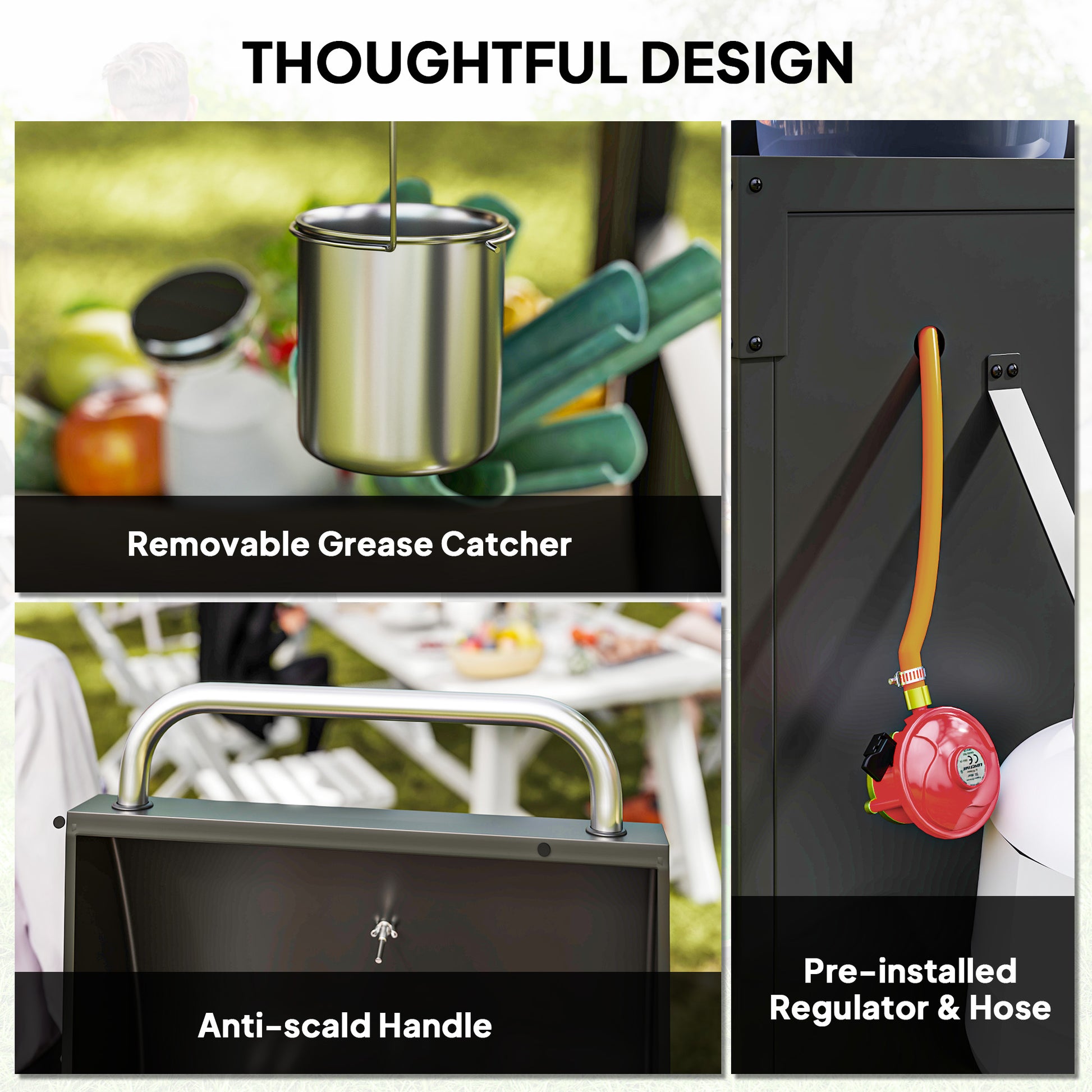 Outsunny 3+1 Burner Gas BBQ Grill with Storage Cabinet and Shelves, 9.5 kW Gas Barbecue Trolley with 6 Castor Wheels, Warming Rack, Thermometer for Outdoor Cooking Garden Party, Black