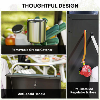 Outsunny 3+1 Burner Gas BBQ Grill with Storage Cabinet and Shelves, 9.5 kW Gas Barbecue Trolley with 6 Castor Wheels, Warming Rack, Thermometer for Outdoor Cooking Garden Party, Black