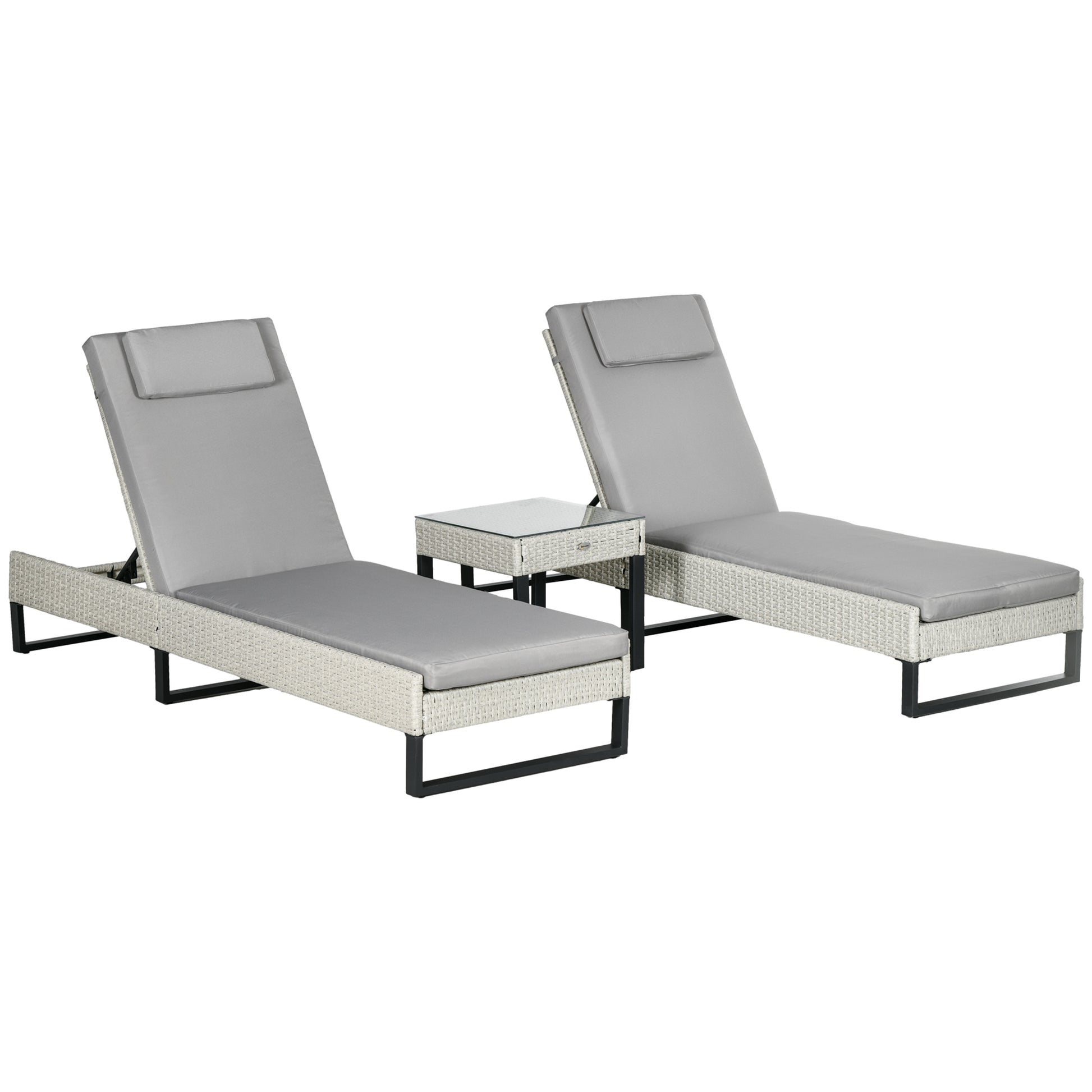 Outsunny 3-piece PE Rattan Sun Lounger Set with Adjustable 5-Position Recliner, Patio Chaise Lounge Chair Set with Cushions, Headrests, Glass Top Square Coffee Table, Light Grey