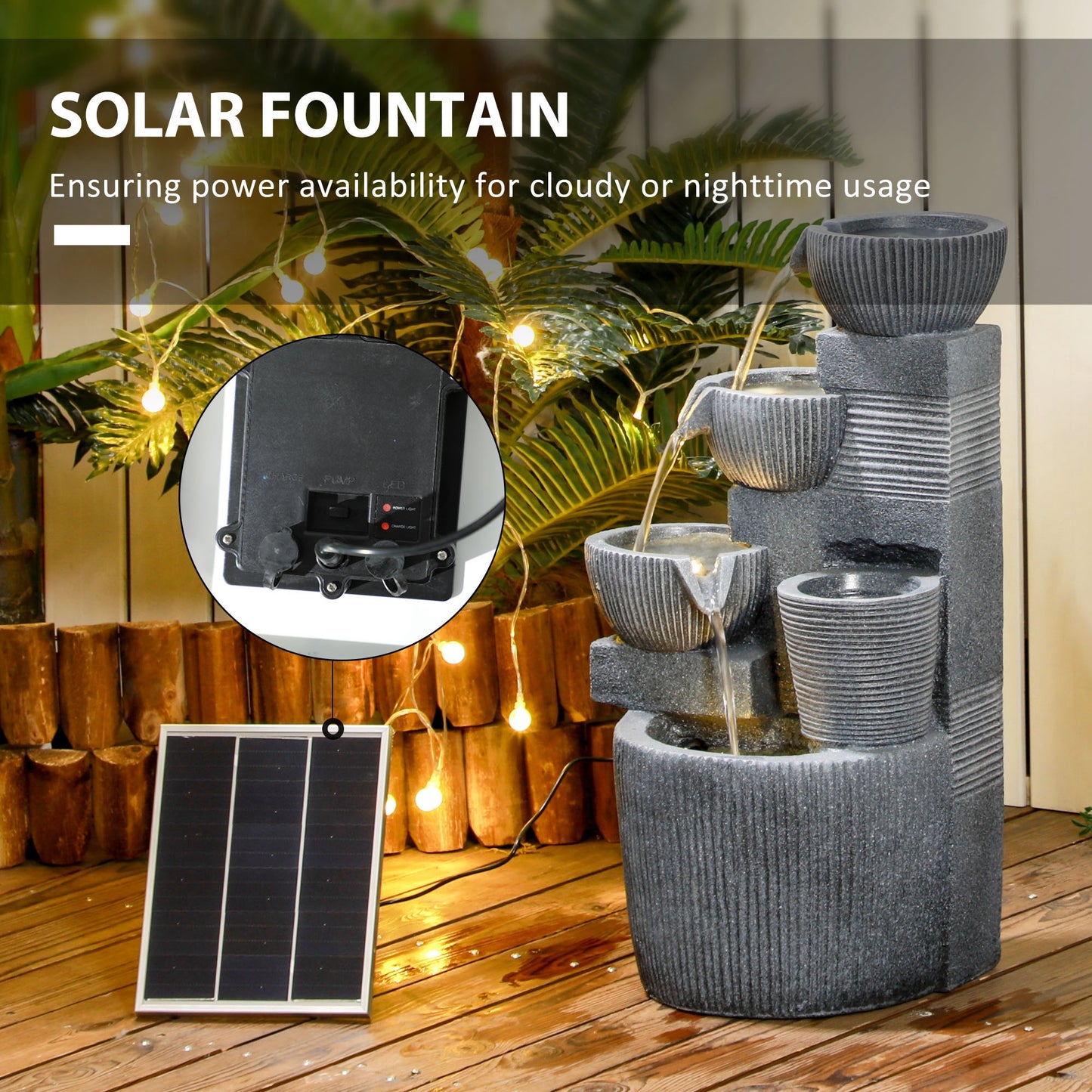 Outsunny Solar Powered Outdoor Water Fountain - Dark Grey