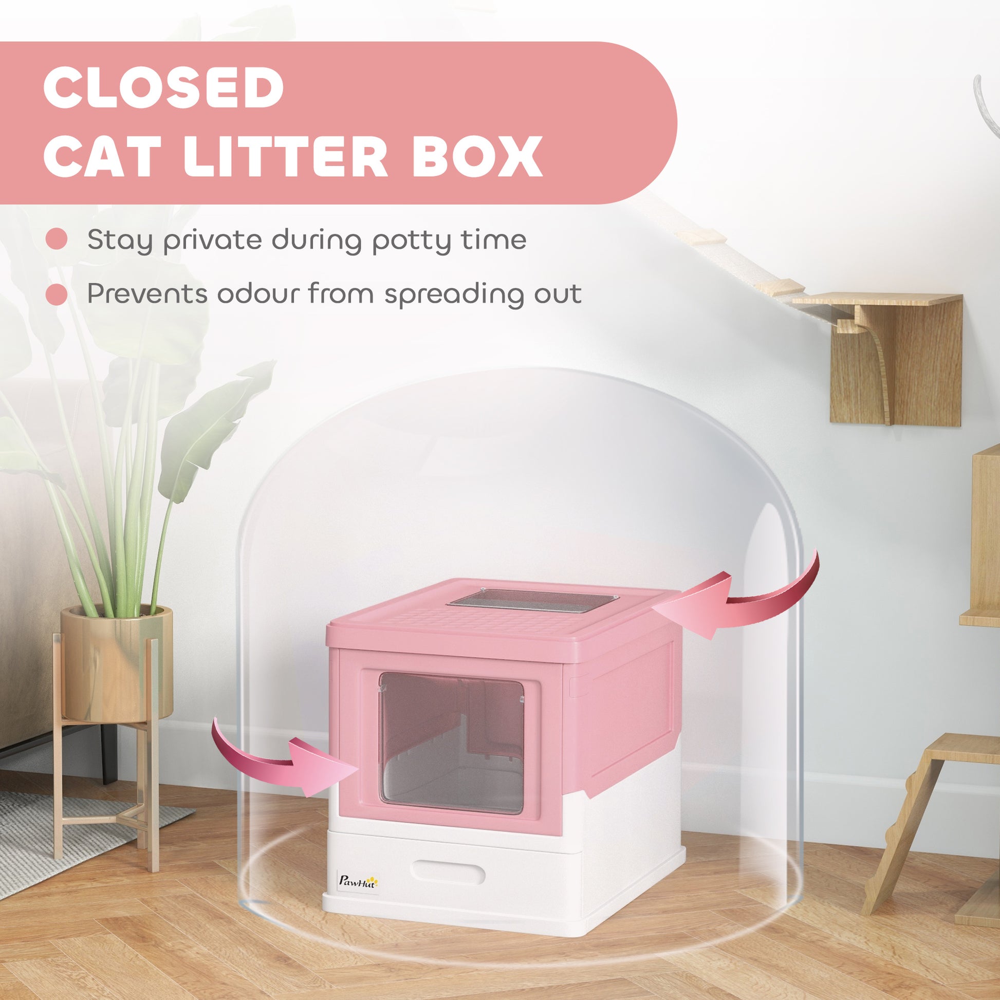 PawHut Hooded Cat Litter Box, Portable Pet Toilet, with Scoop, Front Entry - Pink
