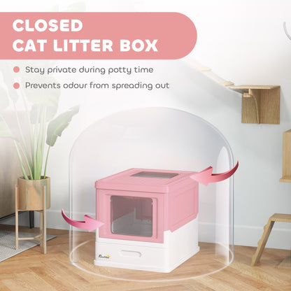 PawHut Hooded Cat Litter Box, Portable Pet Toilet, with Scoop, Front Entry - Pink