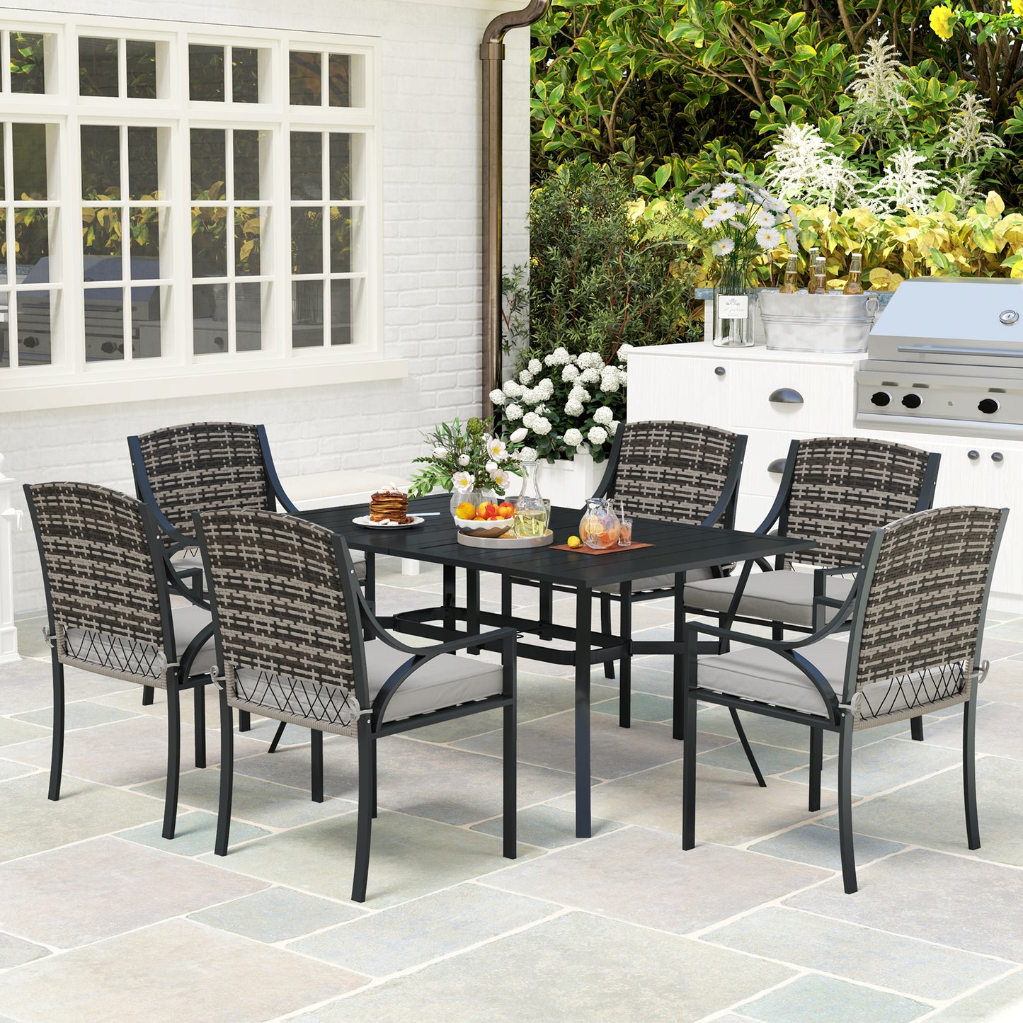 Outsunny Rattan Garden Furniture Set with Cushions, 6 Seater Rattan Dining Set with 6 Armchairs, 150 x 96cm Rectangular Table, Umbrella Hole, for Outdoor, Patio, Balcony, Terrace, Conservatory