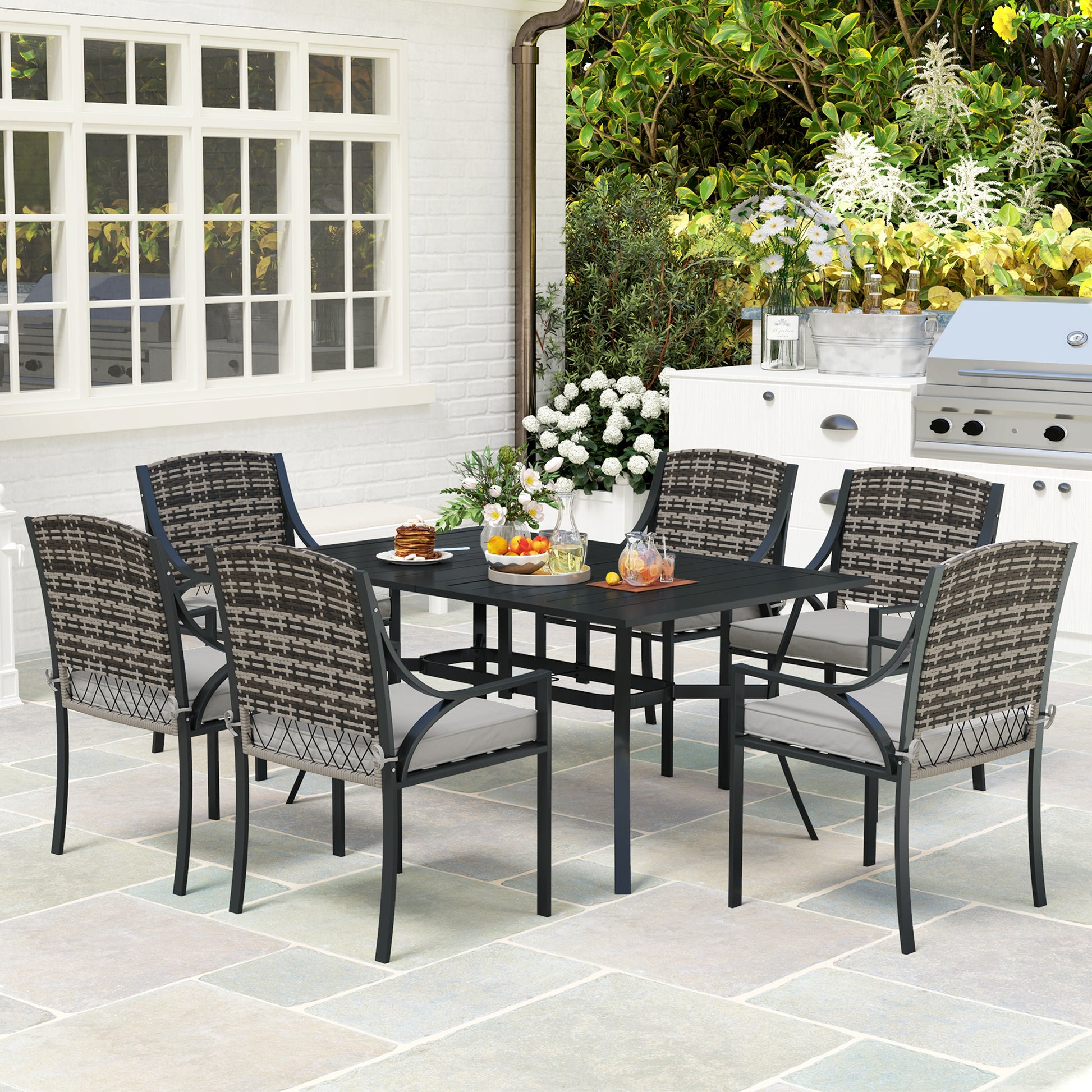 Outsunny Rattan Garden Furniture Set with Cushions, 6 Seater Rattan Dining Set with 6 Armchairs, 150 x 96cm Rectangular Table, Umbrella Hole, for Outdoor, Patio, Balcony, Terrace, Conservatory